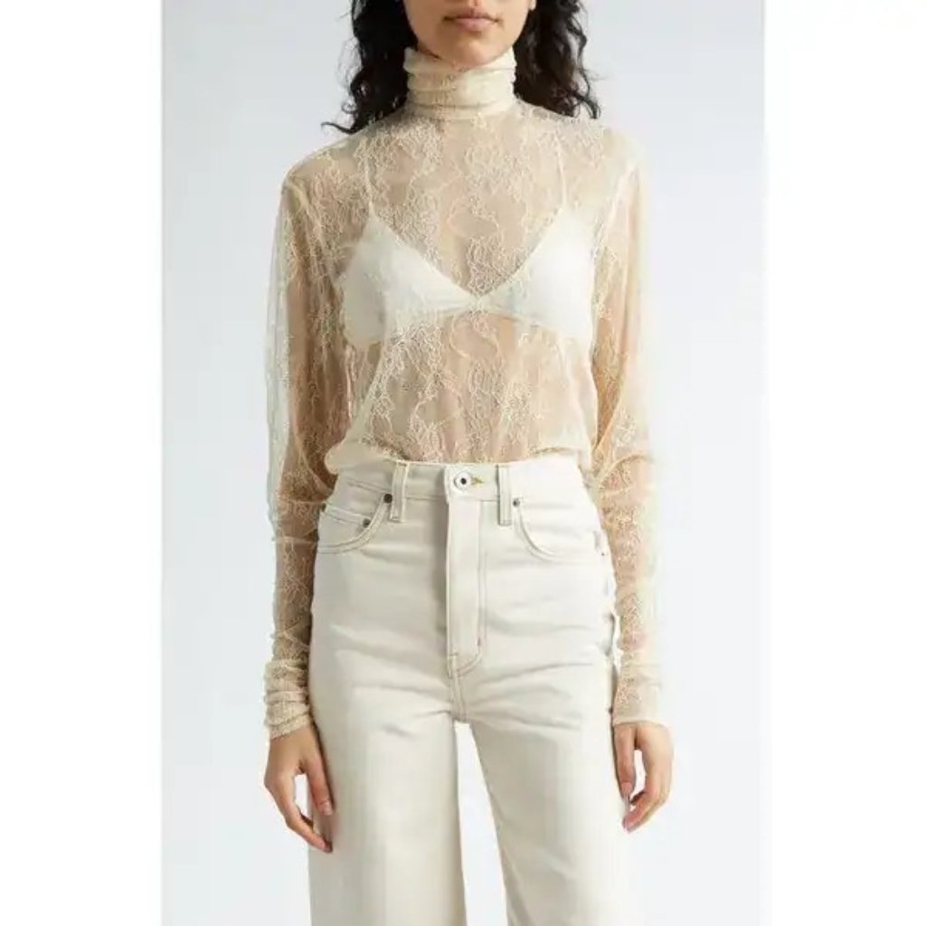 Interior The Anita Sheer Floral Beige Lace Turtleneck Top Shirt Size Xs
